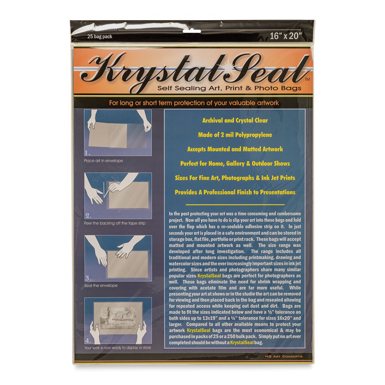 Krystal Seal Self-Sealing Art, Print, and Photo Bag Pack - 16" x 20", Pkg of 25